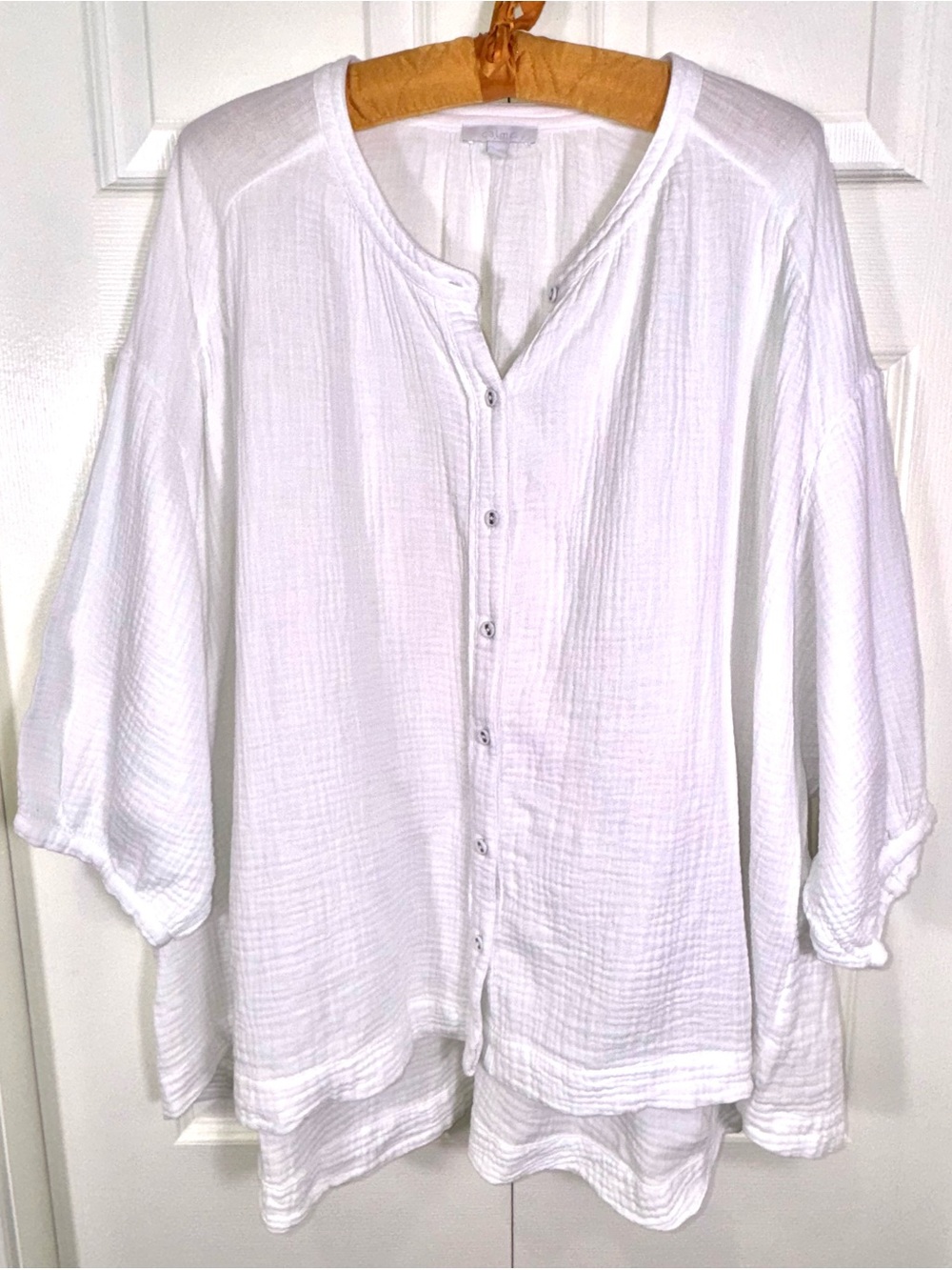 Calme White Cotton Gauze Button Front Tunic Blouse XL